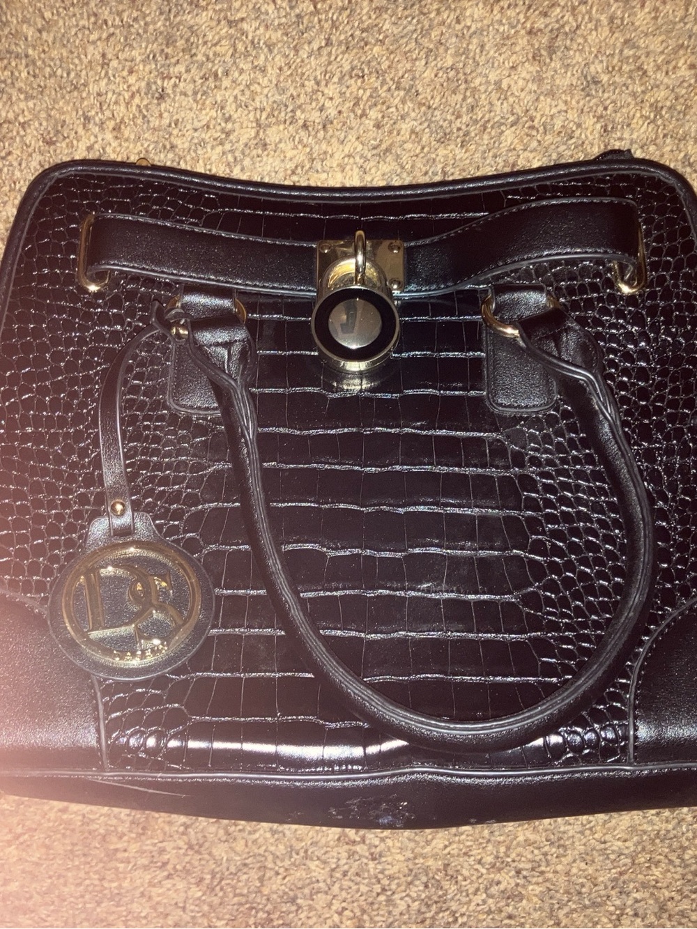 Dasein black vegan purse , alligator print with brass hardware 13”x10”x5”